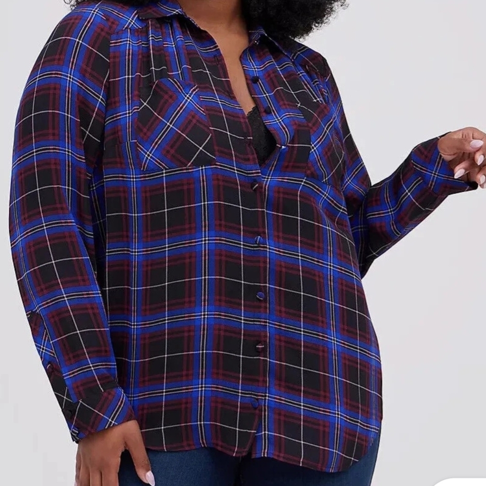 Torrid Georgette Multicolor Plaid Button-Up Shirt - Picture 9 of 9